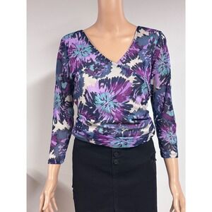 Elle Womens Floral Mesh Faux Wrap Top Purple Teal 3/4 Sleeve Ruched Blouse Sz M